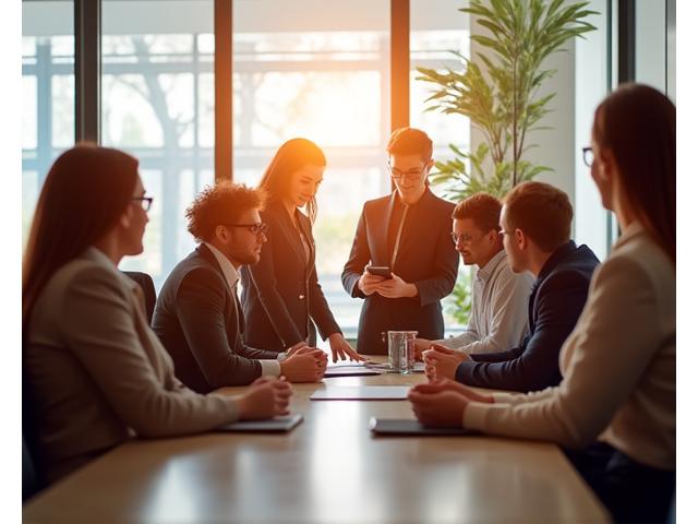 Un equipo diverso de profesionales colaborando en una oficina luminosa, símbolo de la misión y visión de Inversiones Prospera